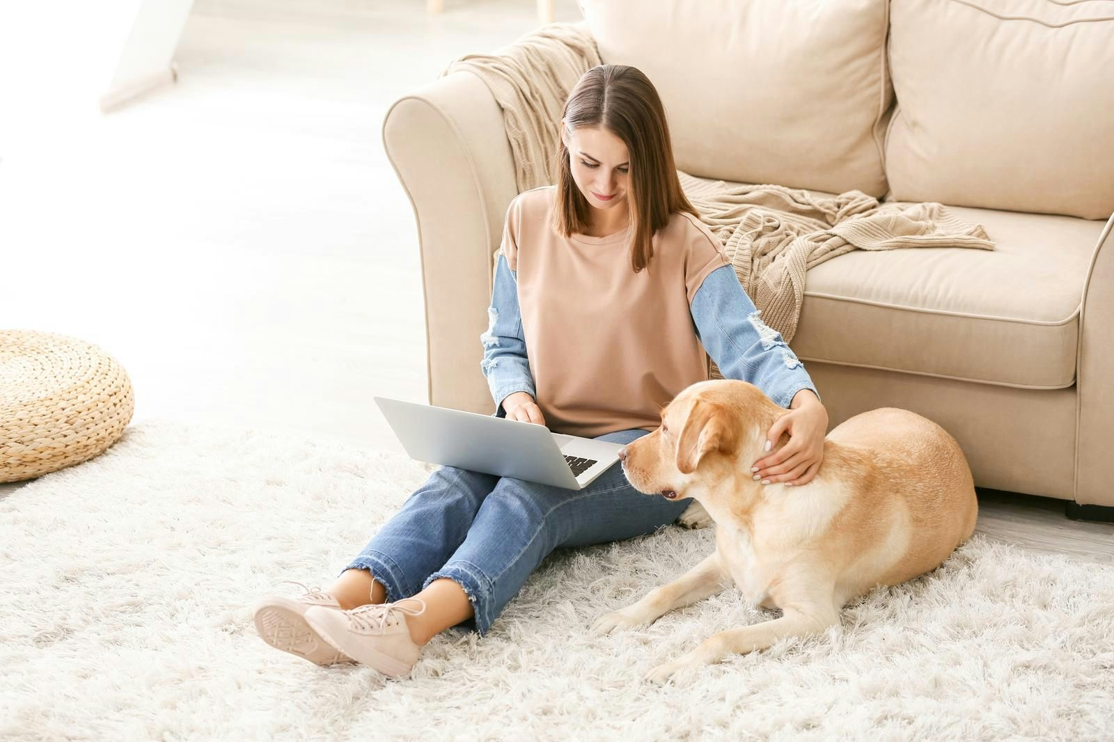 Young woman with dog using laptop at home, adult, animal, background, beautiful, blog, business, canine, care, companion, computer, dog, domestic, female, floor, freelancer, friend, friendship, girl, happy
